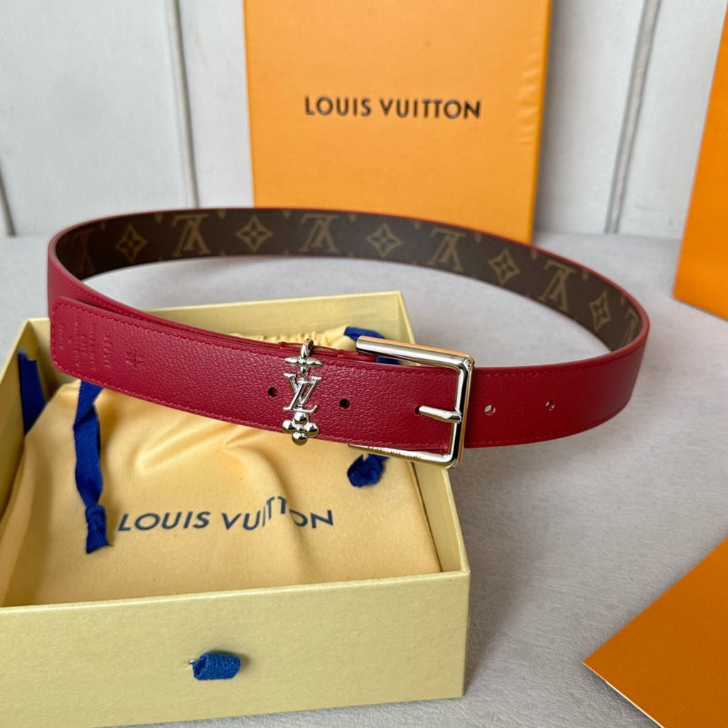LOUIS VUITTON LV Bloom 30mm Belt Silver Buckle Burgundy Brown Leather