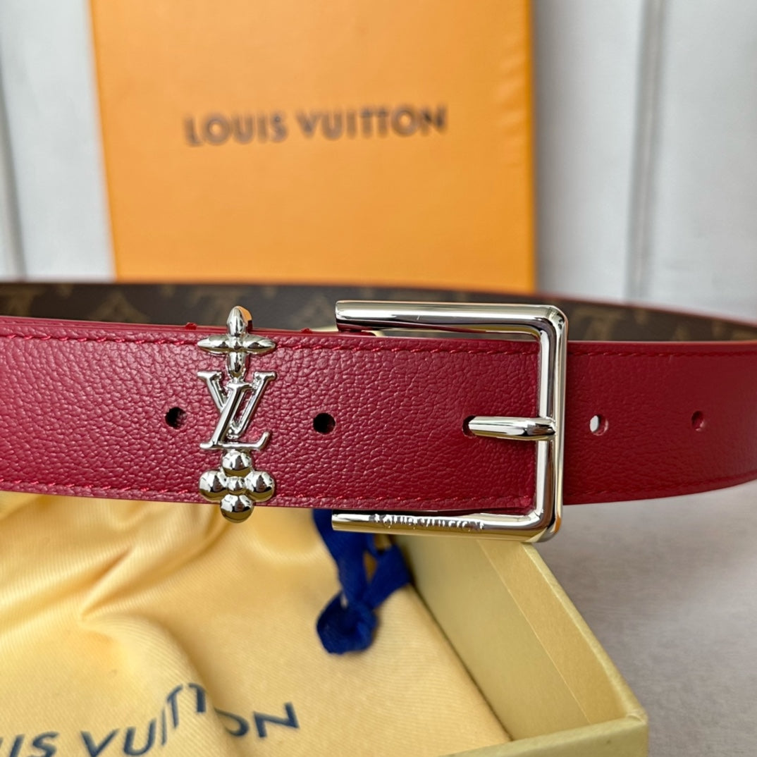 LOUIS VUITTON LV Bloom 30mm Belt Silver Buckle Burgundy Brown Leather