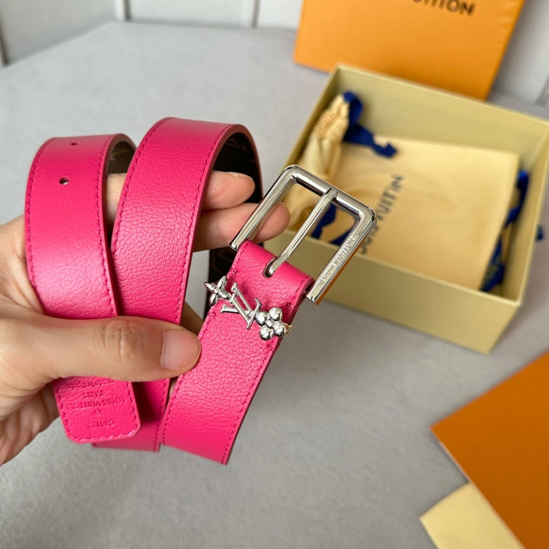 LOUIS VUITTON LV Bloom 30mm Belt Silver Buckle Hot Pink Brown Leather