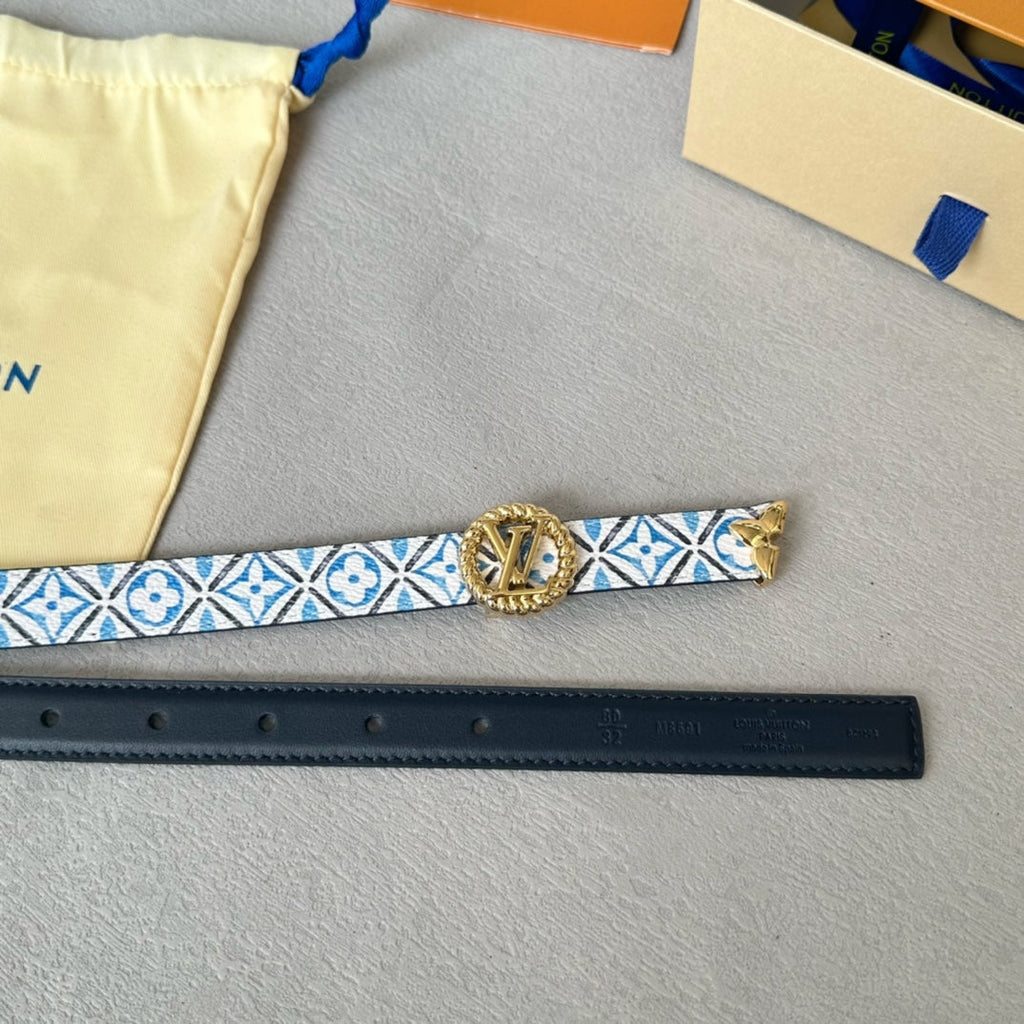 LOUIS VUITTON LV Circle Nautical 20mm Reversible Belt Gold Buckle Black White Blue Lambskin