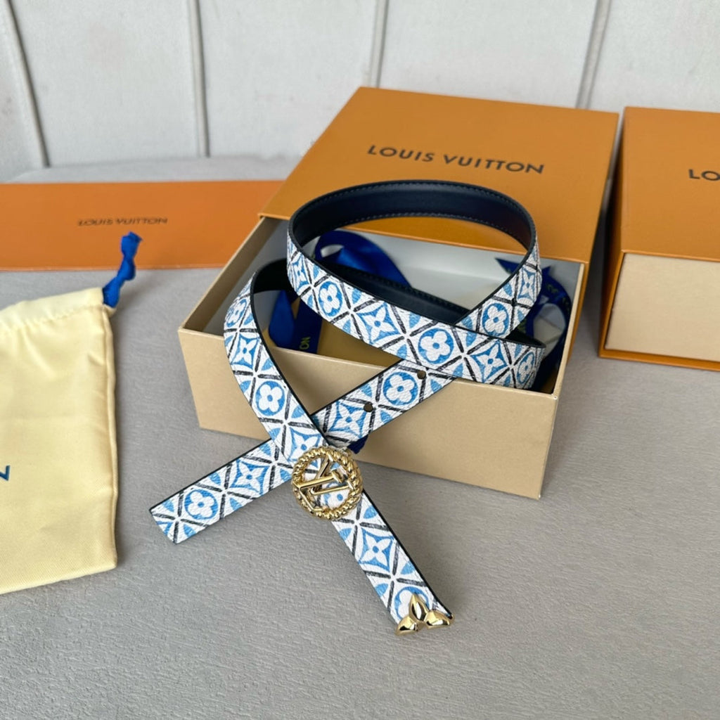 LOUIS VUITTON LV Circle Nautical 20mm Reversible Belt Gold Buckle Black White Blue Lambskin