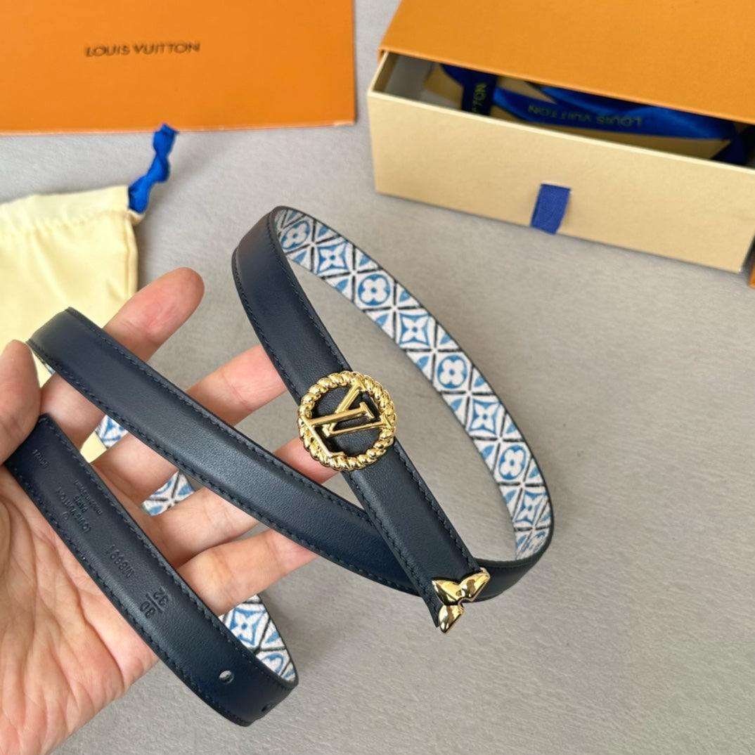 LOUIS VUITTON LV Circle Nautical 20mm Reversible Belt Gold Buckle Black White Blue Lambskin