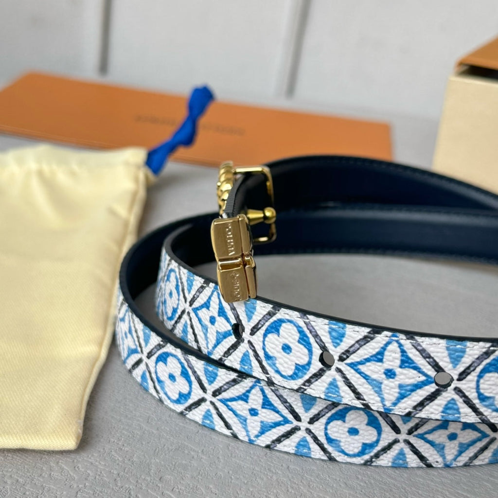 LOUIS VUITTON LV Circle Nautical 20mm Reversible Belt Gold Buckle Black White Blue Lambskin