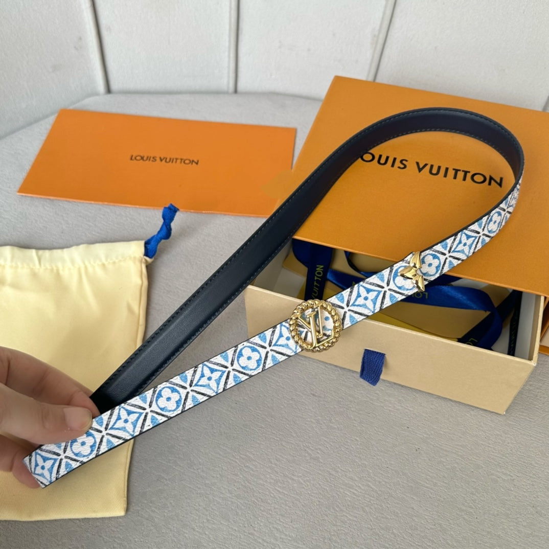 LOUIS VUITTON LV Circle Nautical 20mm Reversible Belt Gold Buckle Black White Blue Lambskin