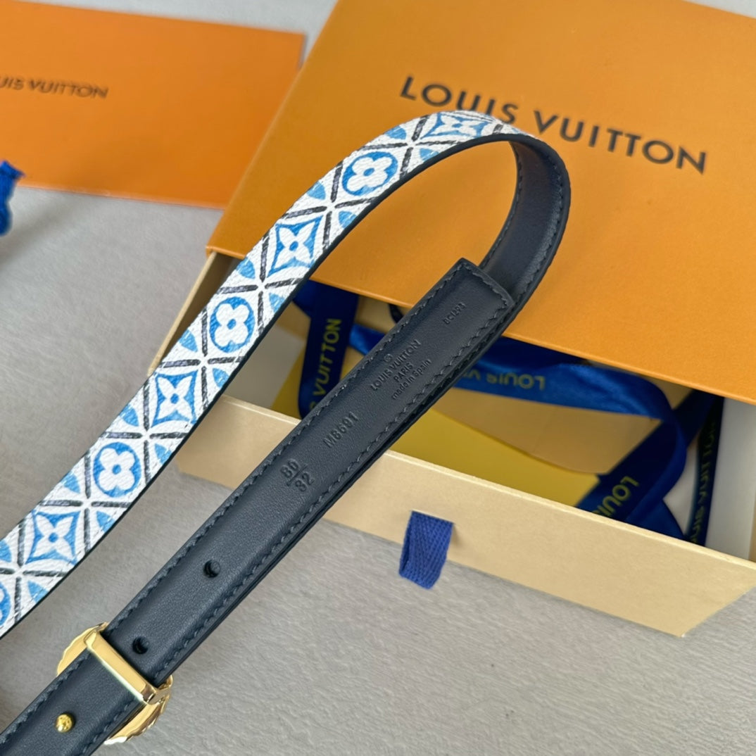 LOUIS VUITTON LV Circle Nautical 20mm Reversible Belt Gold Buckle Black White Blue Lambskin