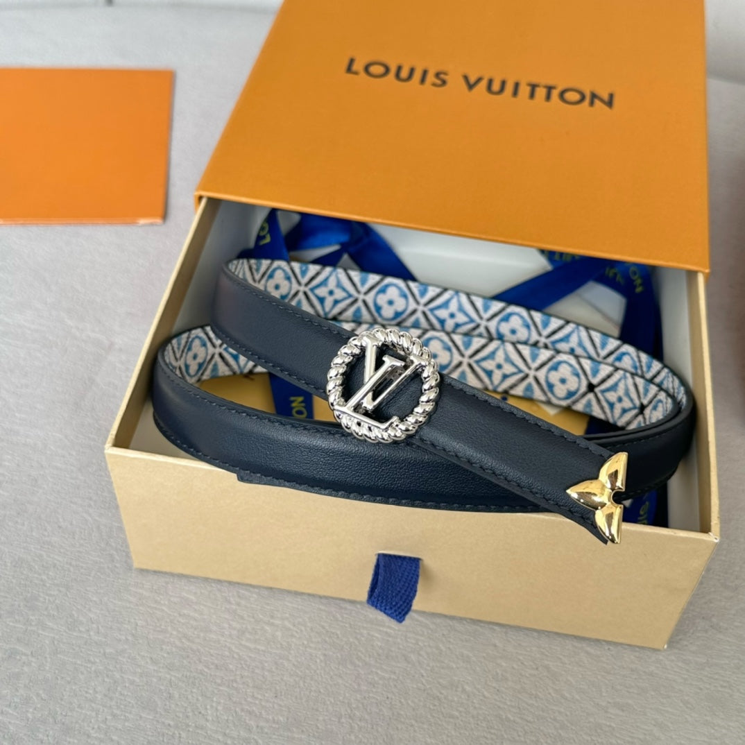 LOUIS VUITTON LV Circle Nautical 20mm Reversible Belt Silver Buckle Black White Blue Lambskin