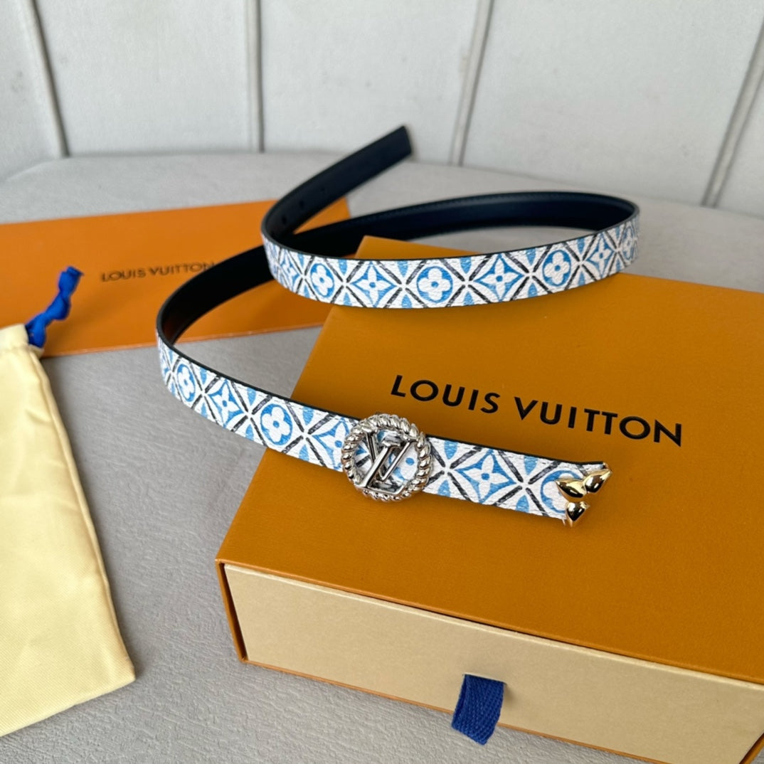 LOUIS VUITTON LV Circle Nautical 20mm Reversible Belt Silver Buckle Black White Blue Lambskin