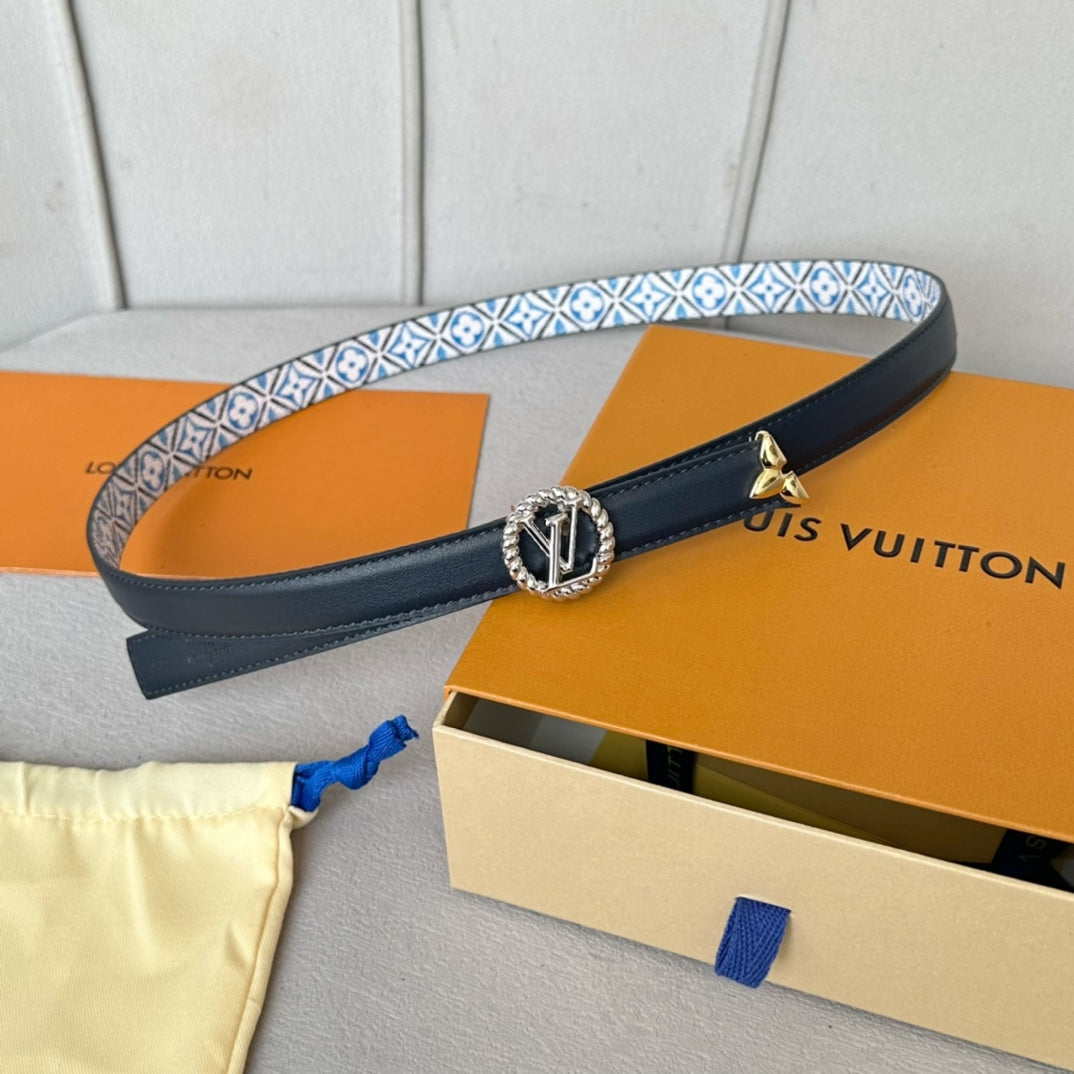 LOUIS VUITTON LV Circle Nautical 20mm Reversible Belt Silver Buckle Black White Blue Lambskin