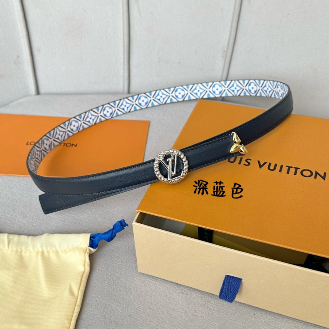 LOUIS VUITTON PRETTY LV 20MM REVERSIBLE BELT WHITE AND BLUE CALFSKIN SILVER MIX GOLD HARDWARE