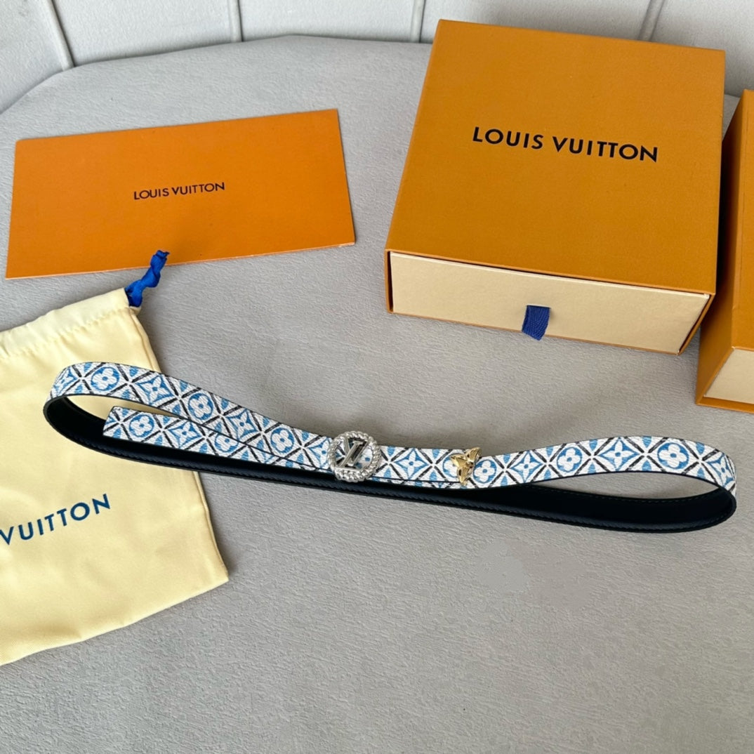 LOUIS VUITTON LV Circle Nautical 20mm Reversible Belt Silver Buckle Black White Blue Lambskin