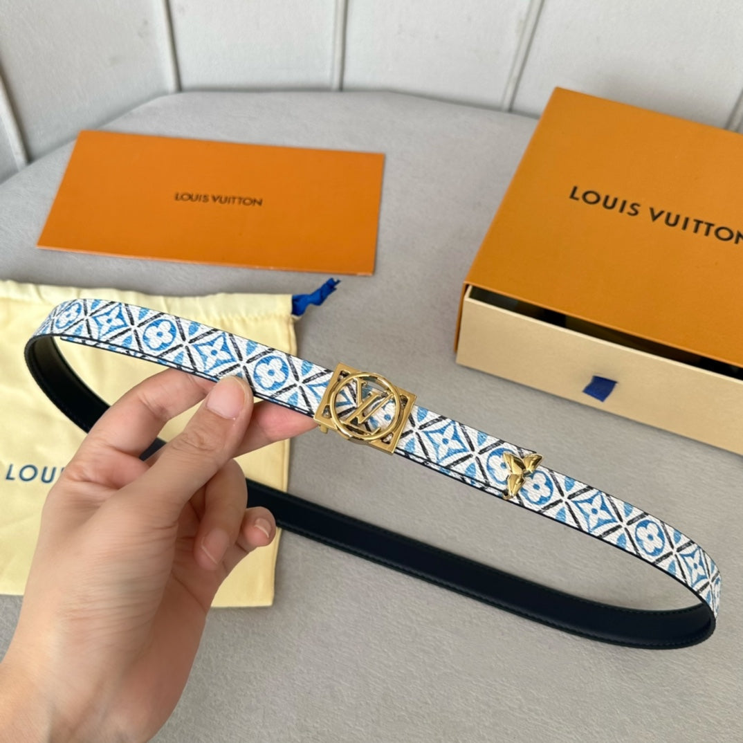 LOUIS VUITTON Josephine 20mm Reversible Belt Gold Buckle Black White Blue Leather