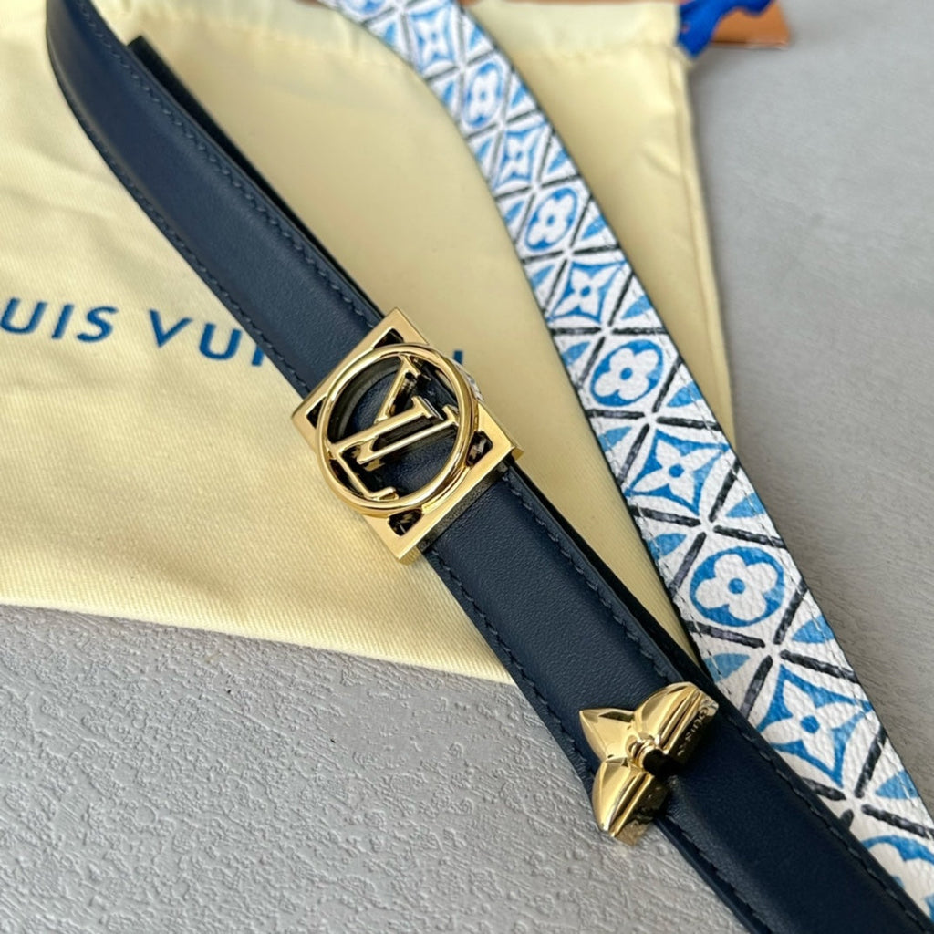 LOUIS VUITTON Josephine 20mm Reversible Belt Gold Buckle Black White Blue Leather