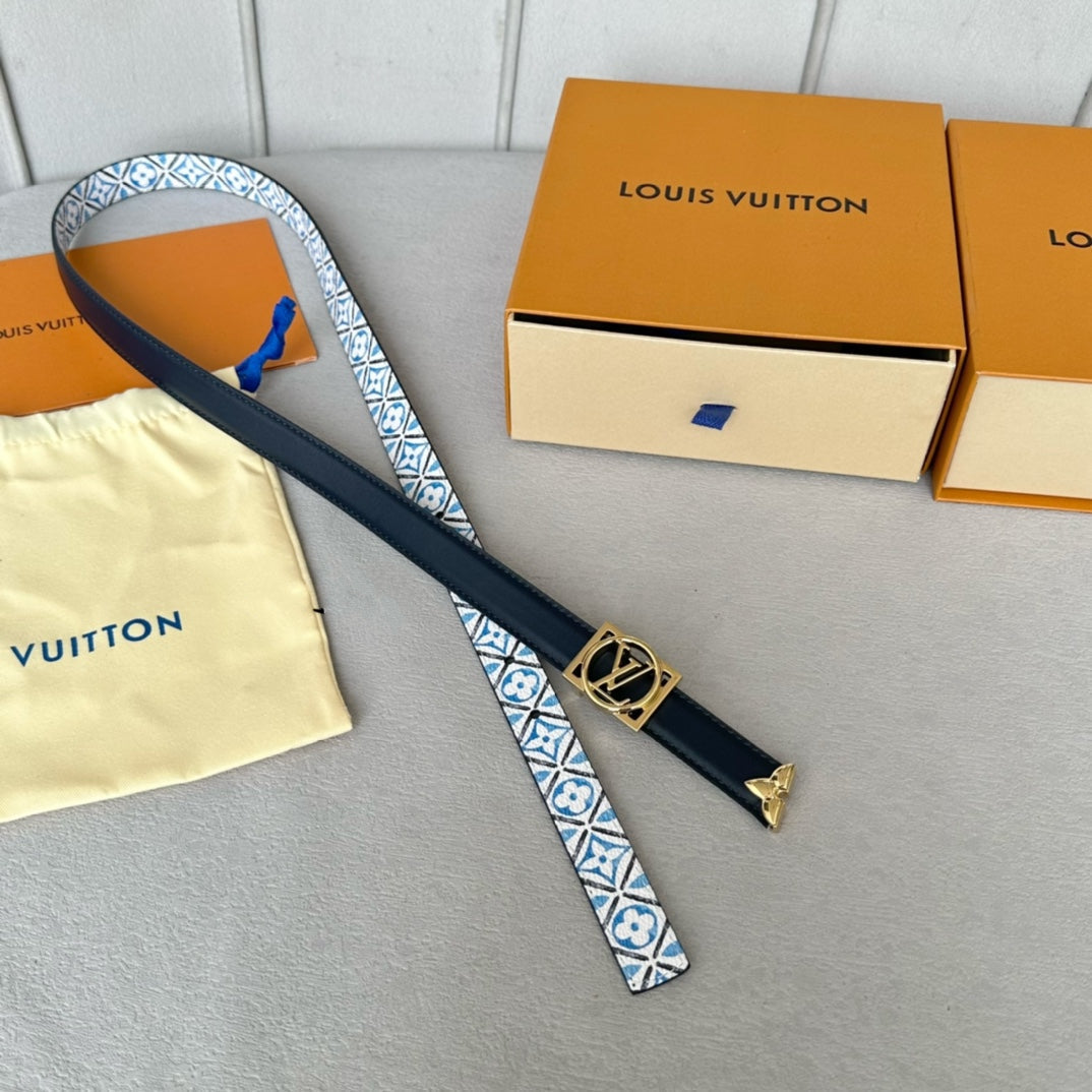LOUIS VUITTON Josephine 20mm Reversible Belt Gold Buckle Black White Blue Leather