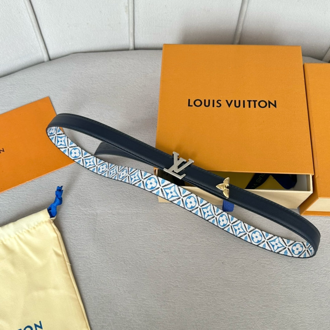 LOUIS VUITTON Pretty LV 20mm Reversible Belt Silver Buckle Black White Blue Leather