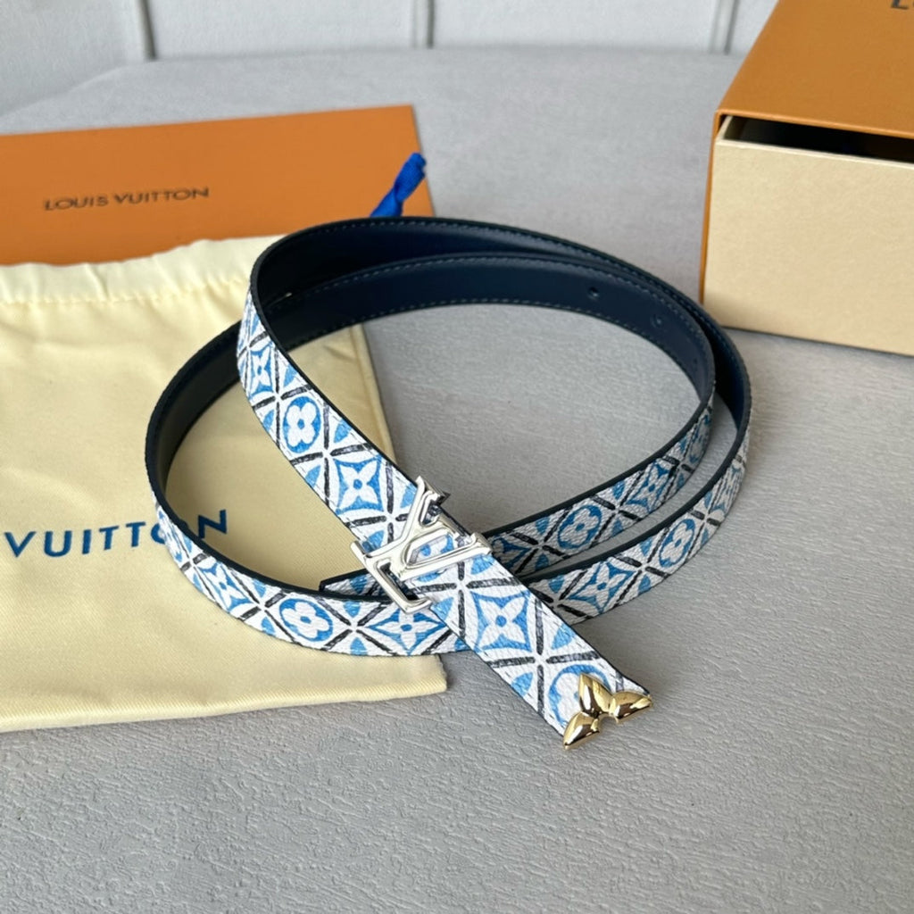 LOUIS VUITTON Pretty LV 20mm Reversible Belt Silver Buckle Black White Blue Leather