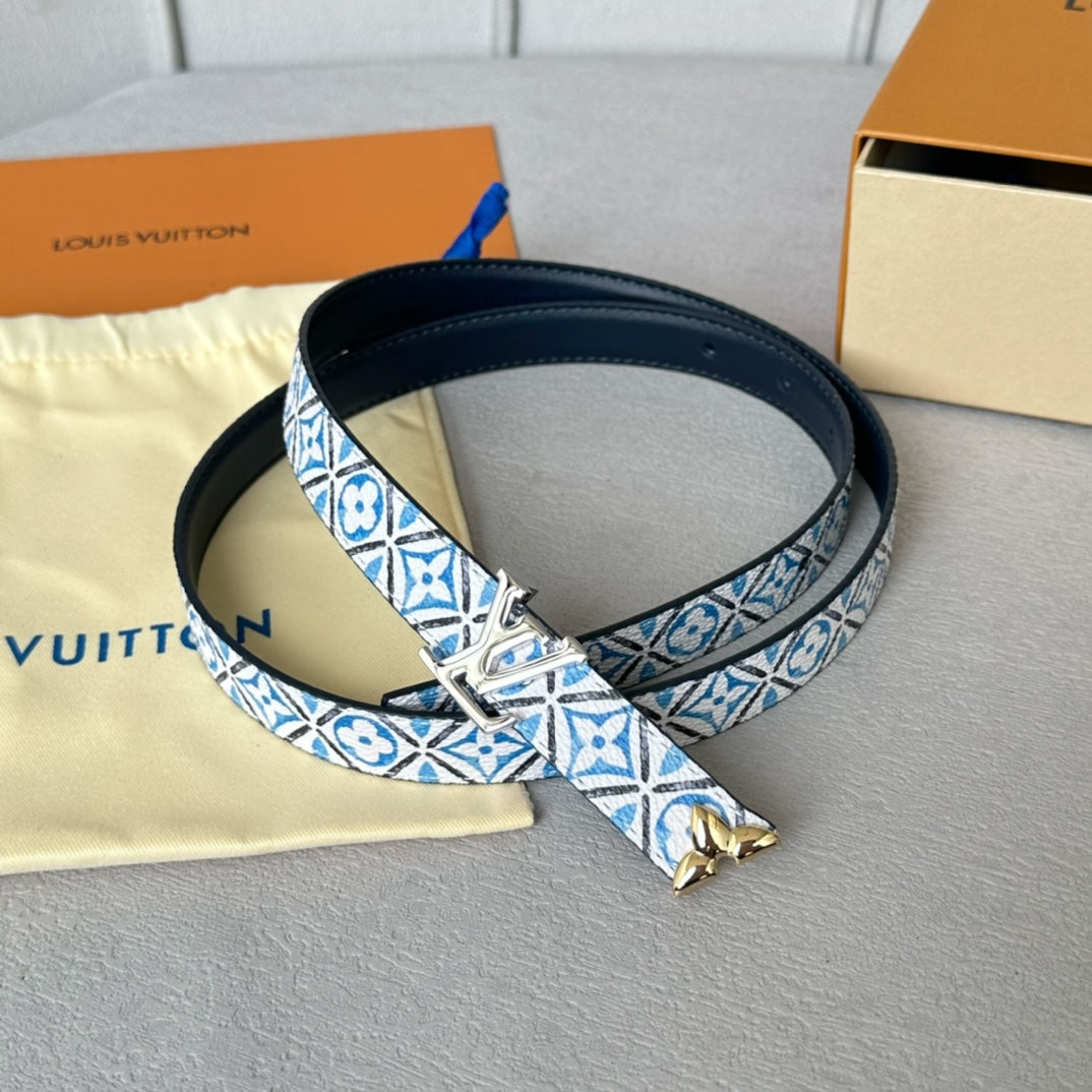 LOUIS VUITTON Pretty LV 20mm Reversible Belt Silver Buckle Black White Blue Leather