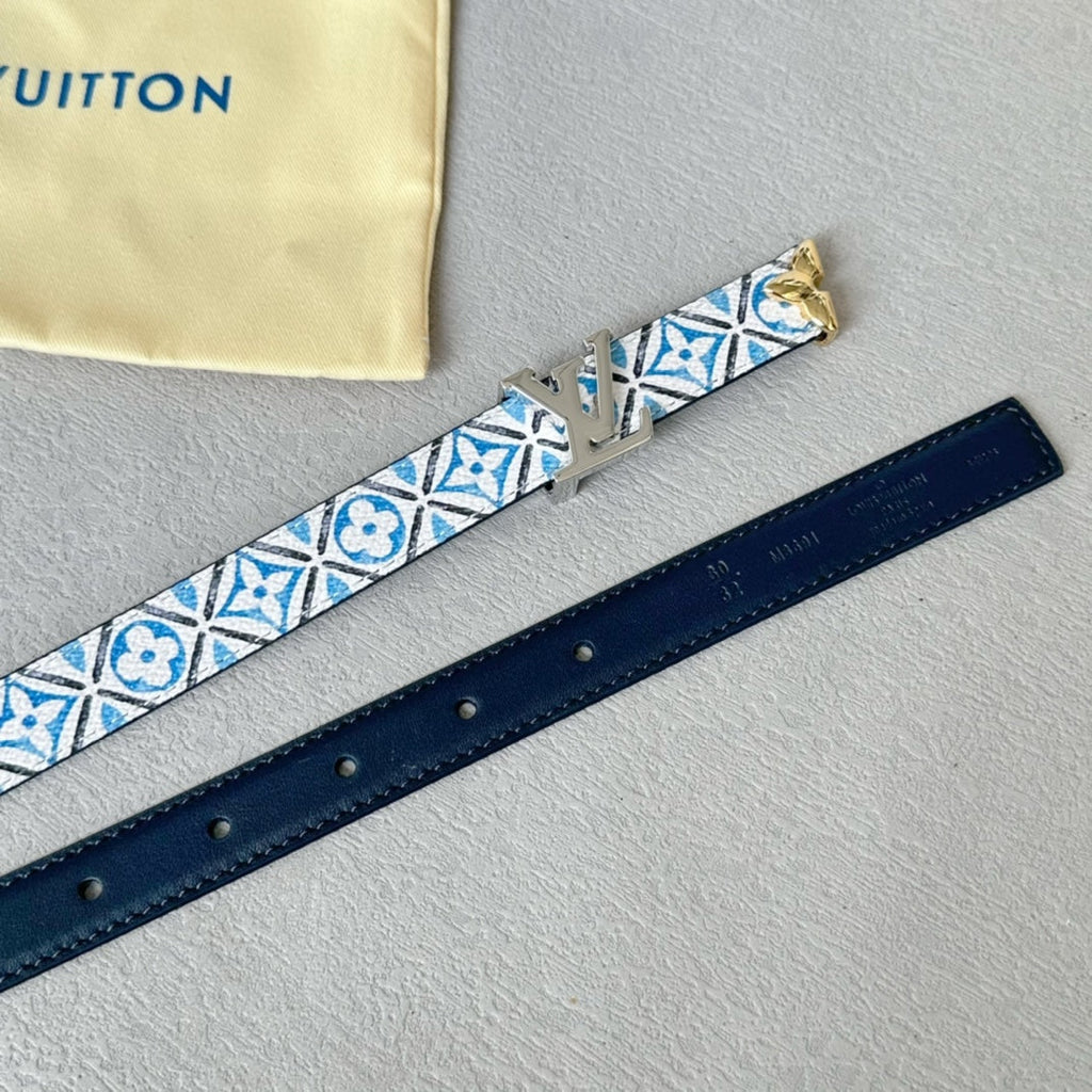 LOUIS VUITTON Pretty LV 20mm Reversible Belt Silver Buckle Black White Blue Leather