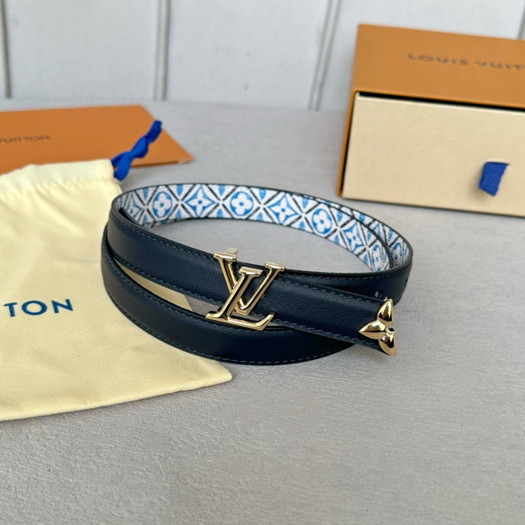 LOUIS VUITTON Pretty LV 20mm Reversible Belt Gold Buckle Black White Blue Leather