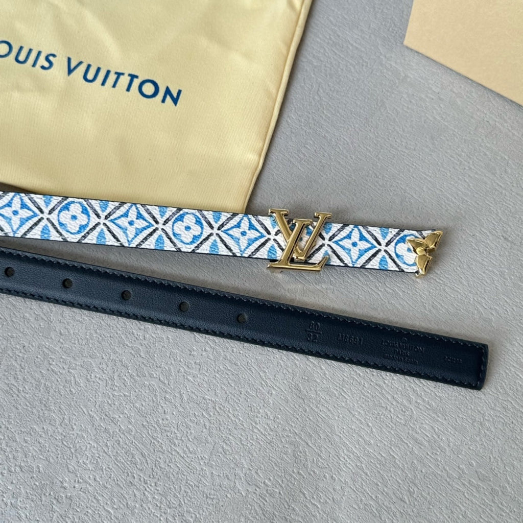LOUIS VUITTON Pretty LV 20mm Reversible Belt Gold Buckle Black White Blue Leather