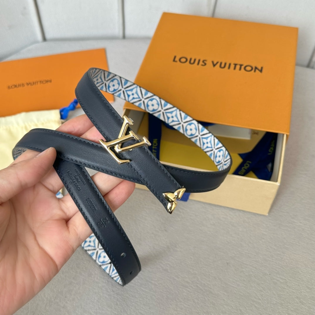 LOUIS VUITTON Pretty LV 20mm Reversible Belt Gold Buckle Black White Blue Leather
