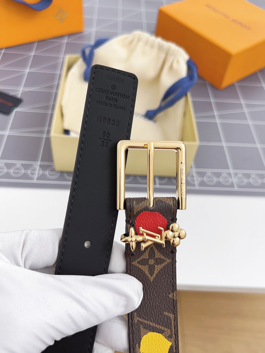 LOUIS VUITTON LV Bloom 30mm Mutilcolor Belt Gold Buckle Black Brown Leather