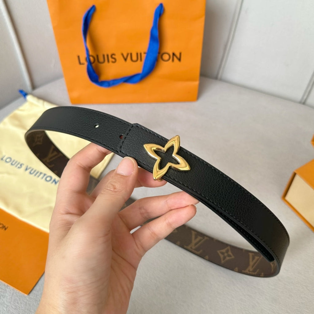 LOUIS VUITTON LV  MINI FLOWERGRAM 30MM REVERSIBLE BELT IN BLACK CALFSKIN GOLD HARDWARE