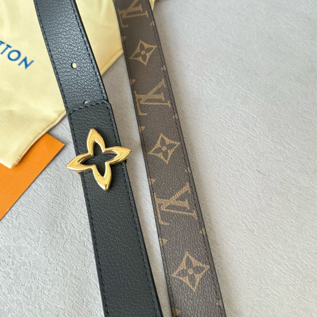 LOUIS VUITTON LV  MINI FLOWERGRAM 30MM REVERSIBLE BELT IN BLACK CALFSKIN GOLD HARDWARE
