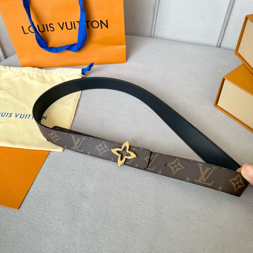 LOUIS VUITTON LV Flowergram 30mm Reversible Belt Gold Buckle Black Brown Leather