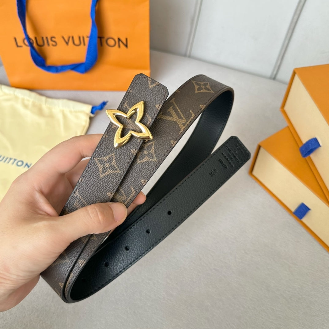 LOUIS VUITTON LV  MINI FLOWERGRAM 30MM REVERSIBLE BELT IN BLACK CALFSKIN GOLD HARDWARE