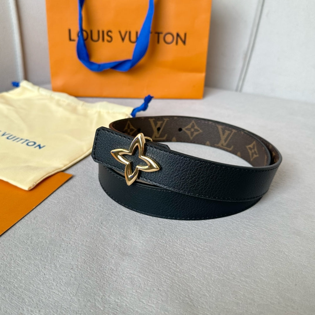 LOUIS VUITTON LV Flowergram 30mm Reversible Belt Gold Buckle Black Brown Leather
