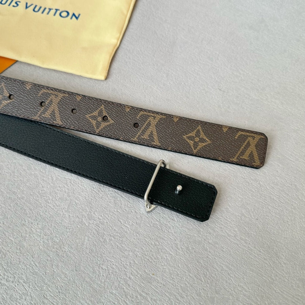 LOUIS VUITTON LV Flowergram 30mm Reversible Belt Silver Buckle Black Brown Leather