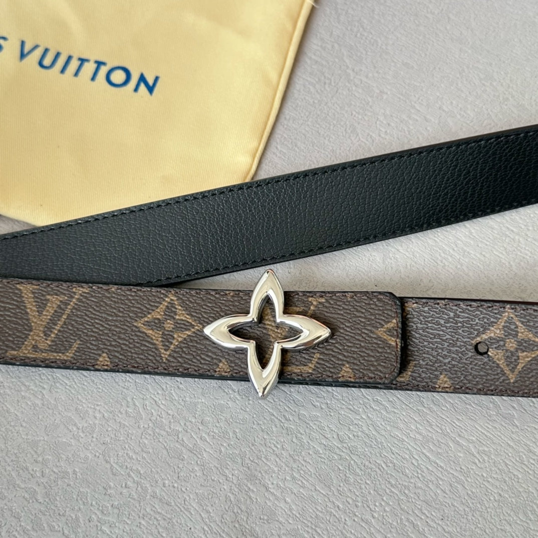 LOUIS VUITTON LV Flowergram 30mm Reversible Belt Silver Buckle Black Brown Leather