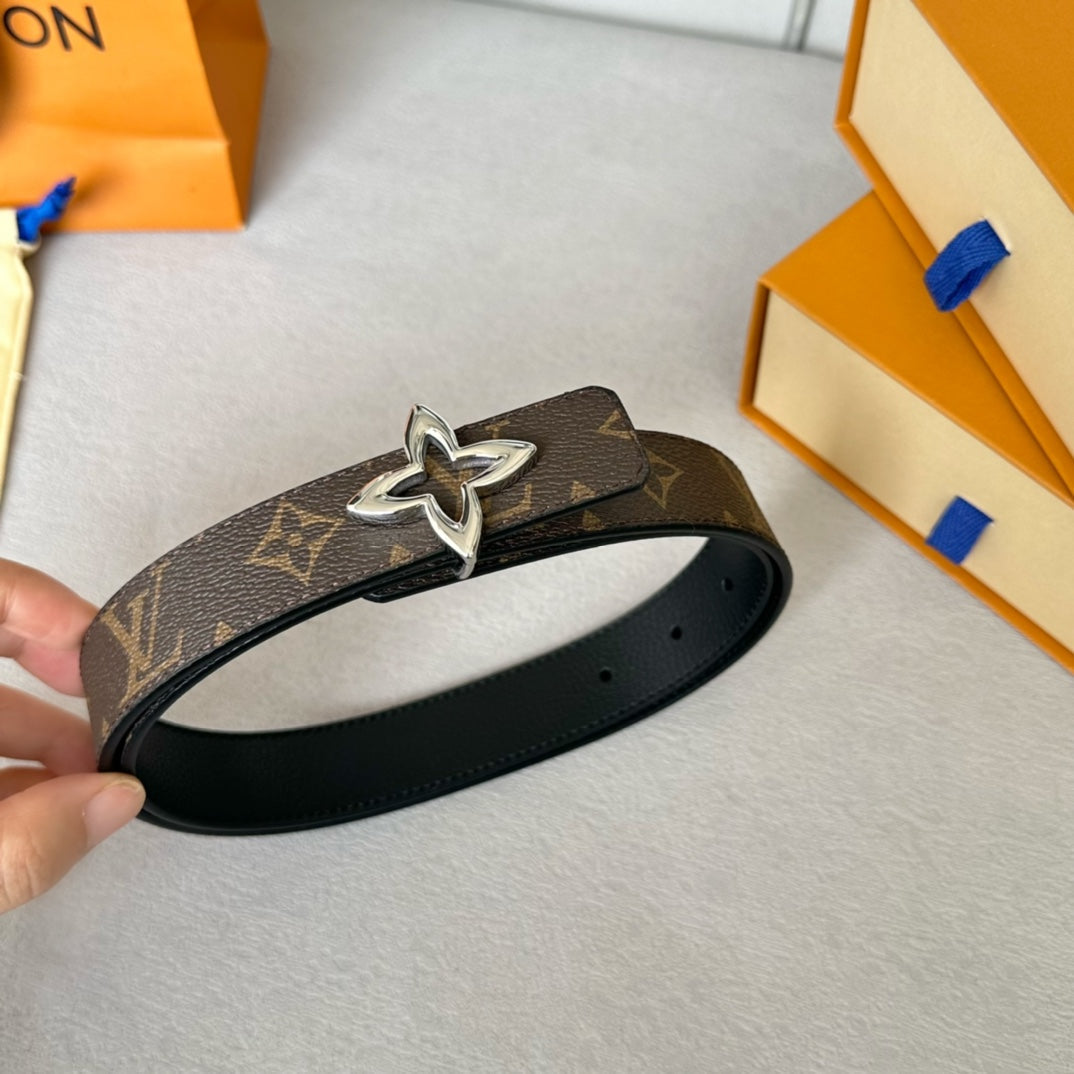 LOUIS VUITTON LV Flowergram 30mm Reversible Belt Silver Buckle Black Brown Leather