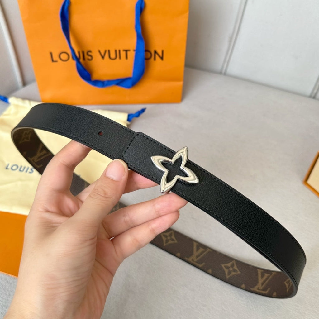 LOUIS VUITTON LV  MINI FLOWERGRAM 30MM REVERSIBLE BELT IN BLACK CALFSKIN SILVER HARDWARE
