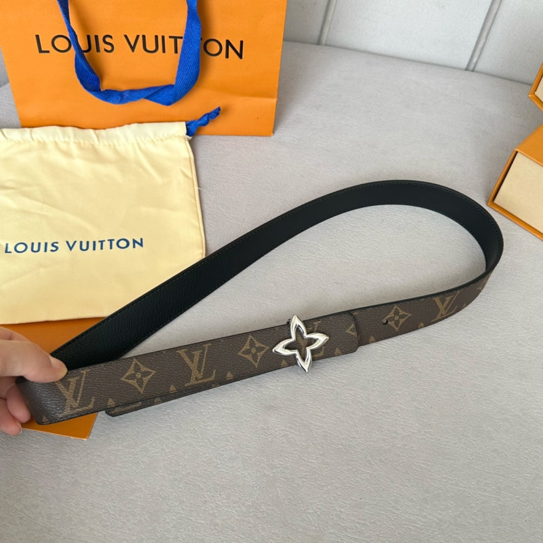 LOUIS VUITTON LV  MINI FLOWERGRAM 30MM REVERSIBLE BELT IN BLACK CALFSKIN SILVER HARDWARE