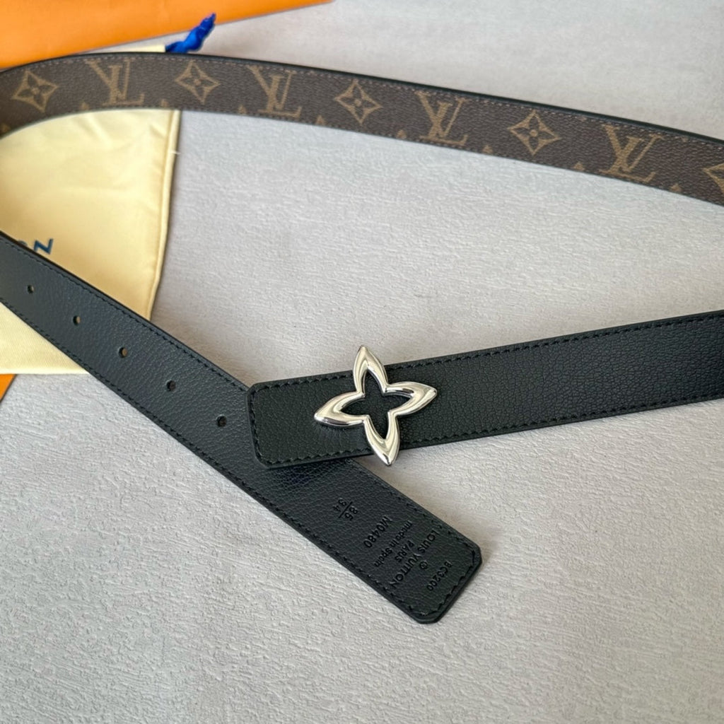 LOUIS VUITTON LV Flowergram 30mm Reversible Belt Silver Buckle Black Brown Leather