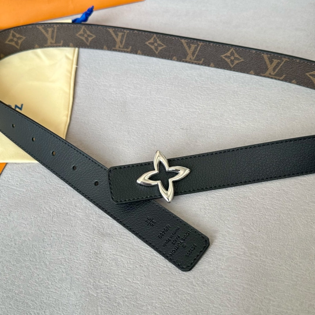 LOUIS VUITTON LV Flowergram 30mm Reversible Belt Silver Buckle Black Brown Leather