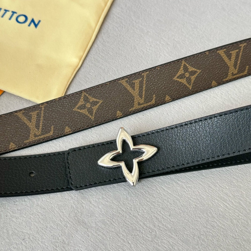 LOUIS VUITTON LV  MINI FLOWERGRAM 30MM REVERSIBLE BELT IN BLACK CALFSKIN SILVER HARDWARE