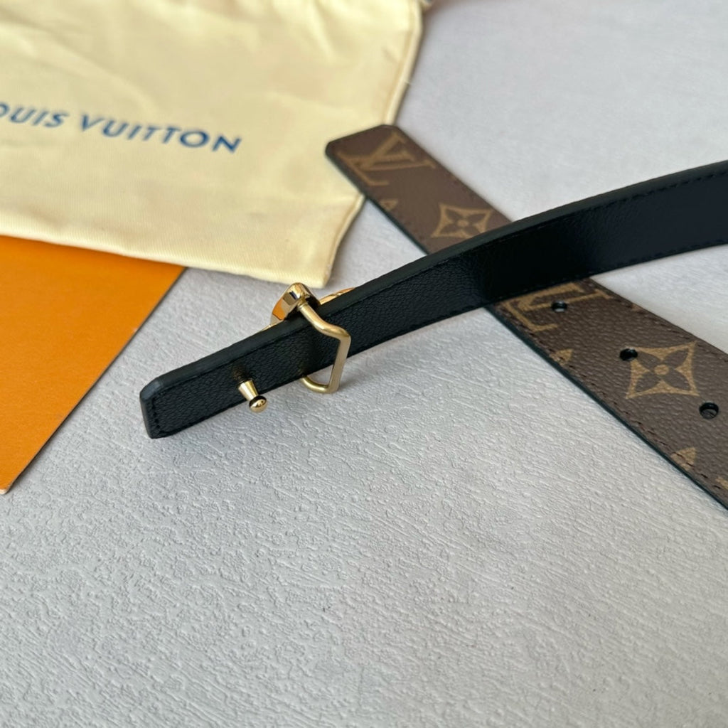 LOUIS VUITTON LV  MINI FLOWERGRAM 30MM REVERSIBLE BELT IN BLACK CALFSKIN GOLD HARDWARE