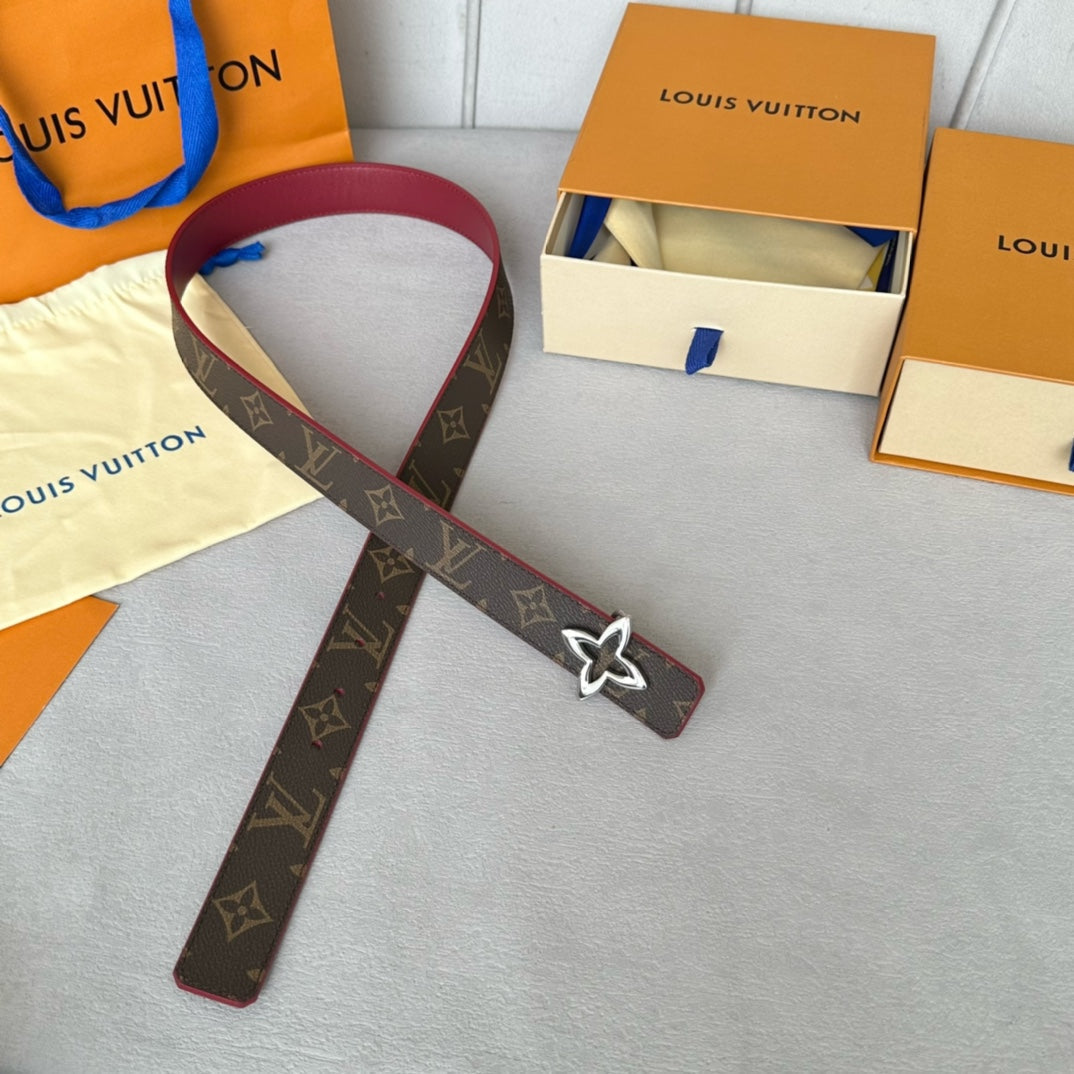LOUIS VUITTON LV Flowergram 30mm Reversible Belt Silver Buckle Burgundy Brown Leather