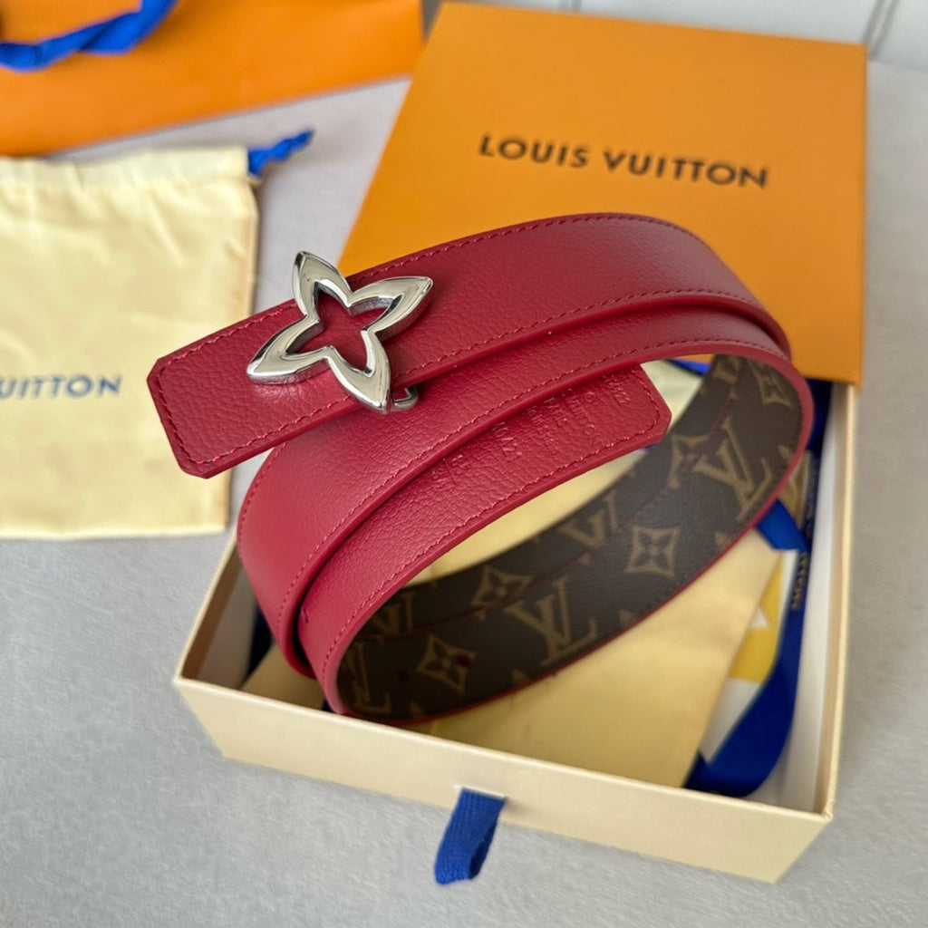 LOUIS VUITTON LV  MINI FLOWERGRAM 30MM REVERSIBLE BELT IN BLOOD RED CALFSKIN SILVER HARDWARE