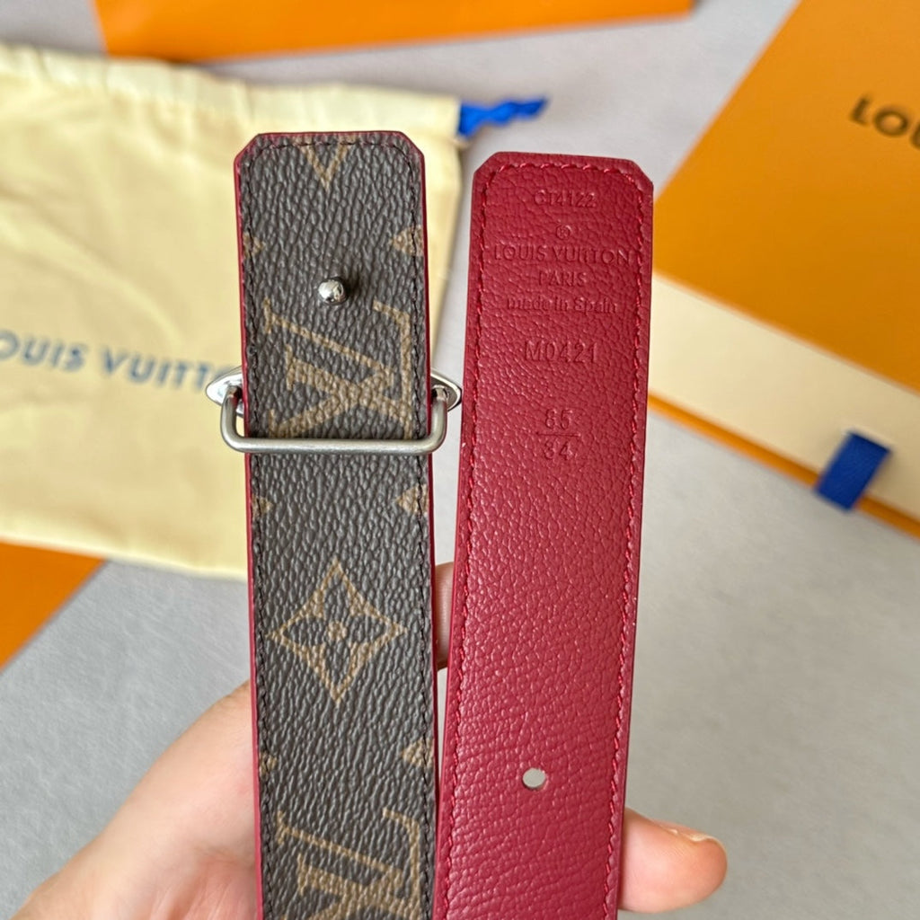 LOUIS VUITTON LV Flowergram 30mm Reversible Belt Silver Buckle Burgundy Brown Leather