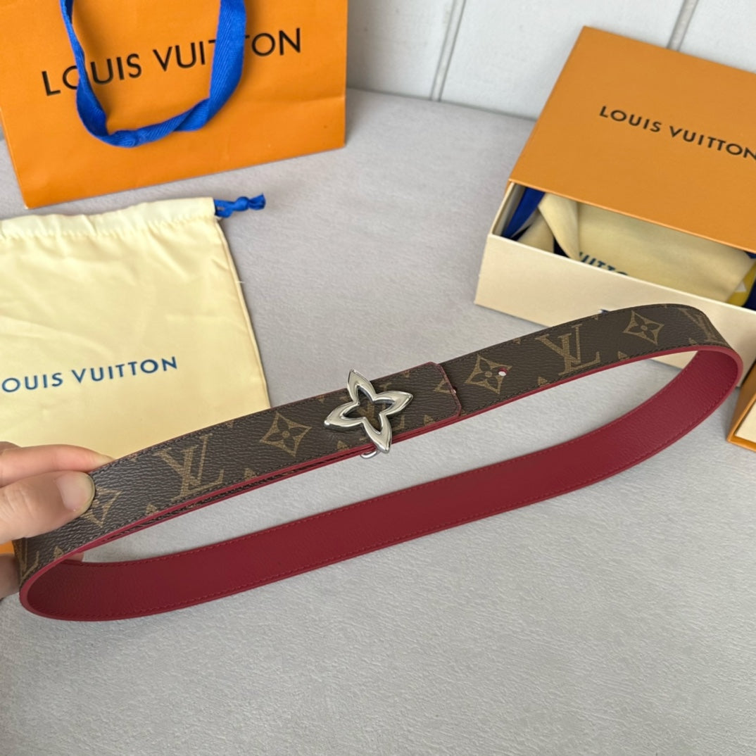 LOUIS VUITTON LV  MINI FLOWERGRAM 30MM REVERSIBLE BELT IN BLOOD RED CALFSKIN SILVER HARDWARE