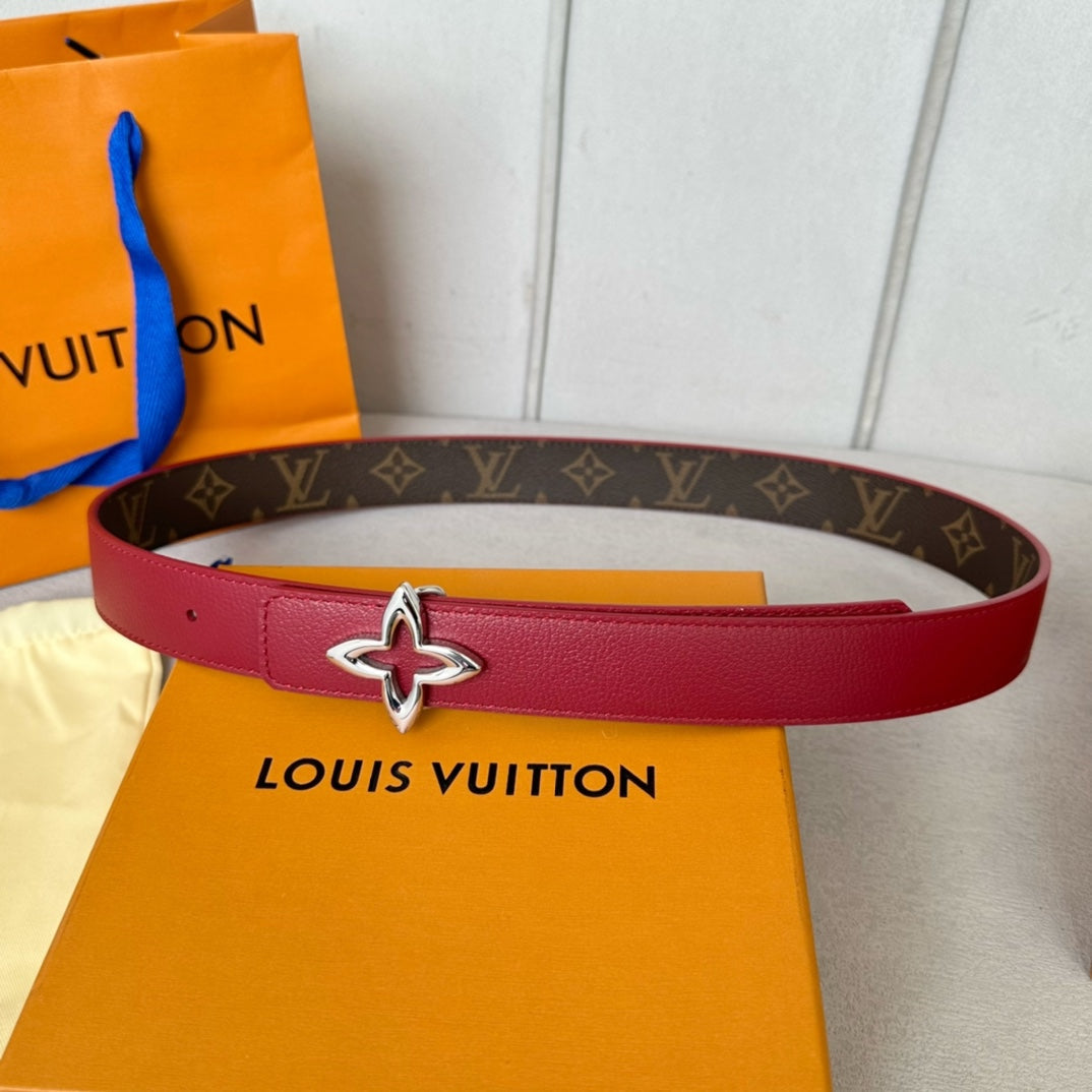 LOUIS VUITTON LV  MINI FLOWERGRAM 30MM REVERSIBLE BELT IN BLOOD RED CALFSKIN SILVER HARDWARE
