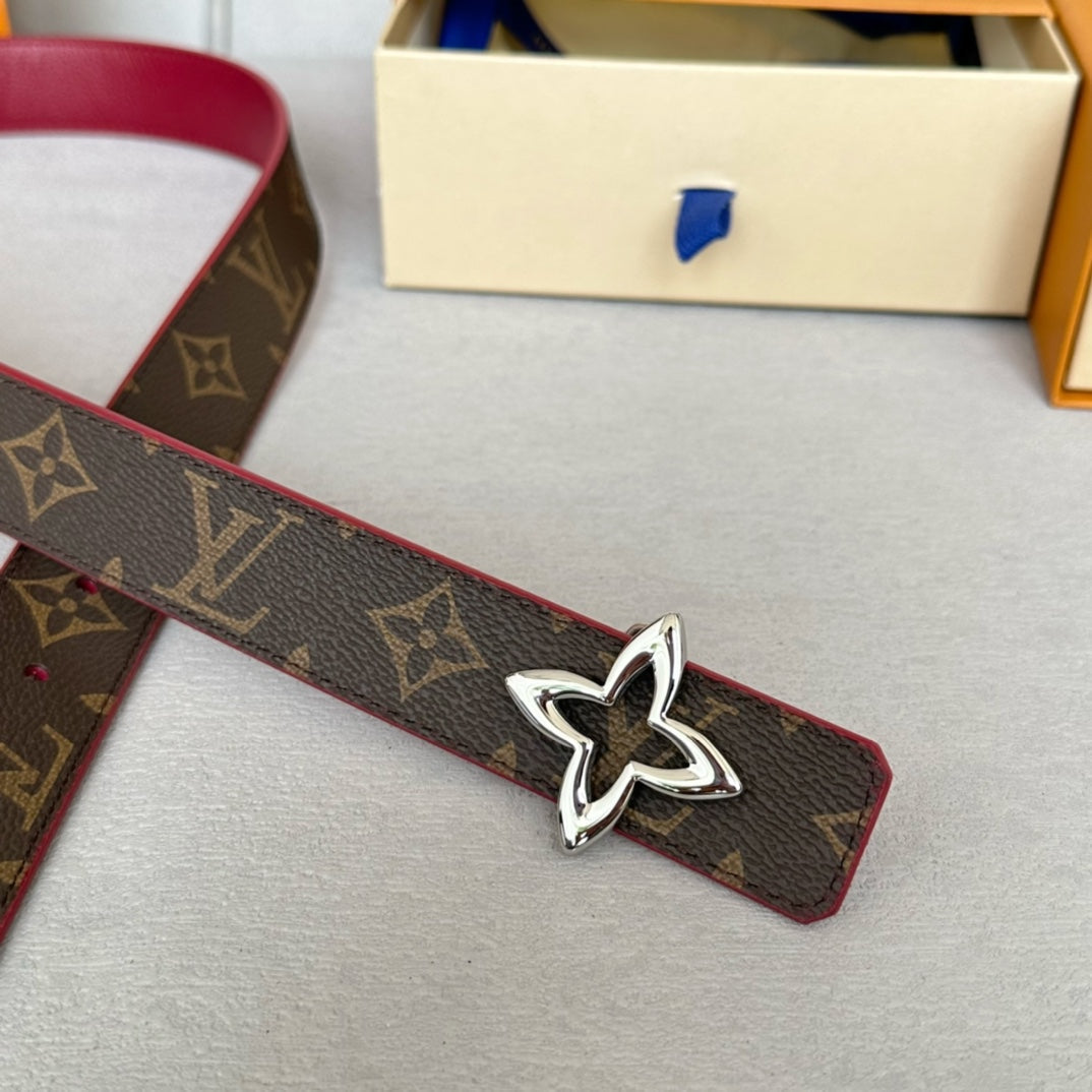 LOUIS VUITTON LV Flowergram 30mm Reversible Belt Silver Buckle Burgundy Brown Leather