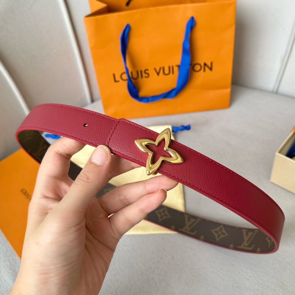 LOUIS VUITTON LV Flowergram 30mm Reversible Belt Gold Buckle Burgundy Brown Leather
