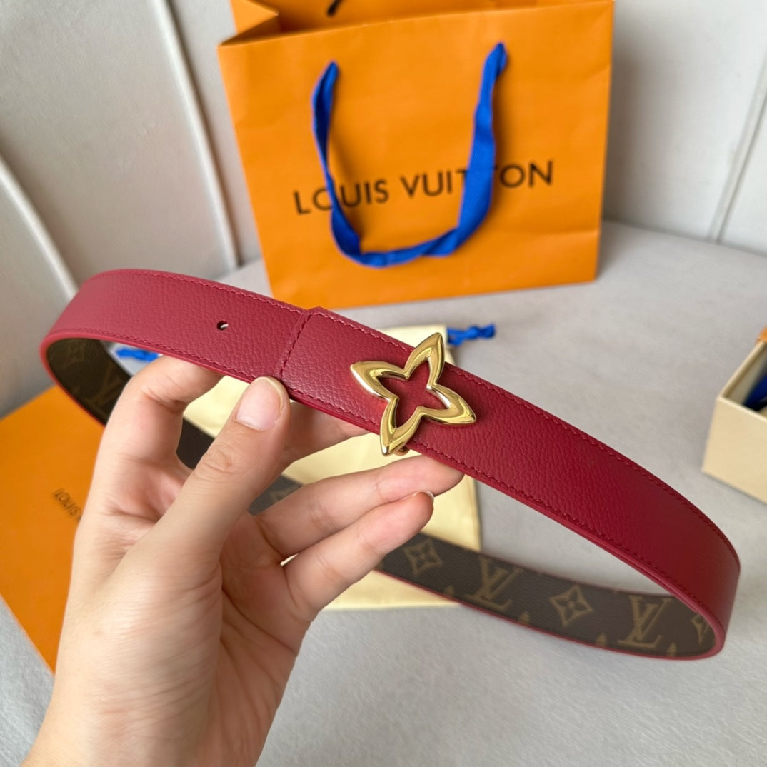 LOUIS VUITTON LV Flowergram 30mm Reversible Belt Gold Buckle Burgundy Brown Leather