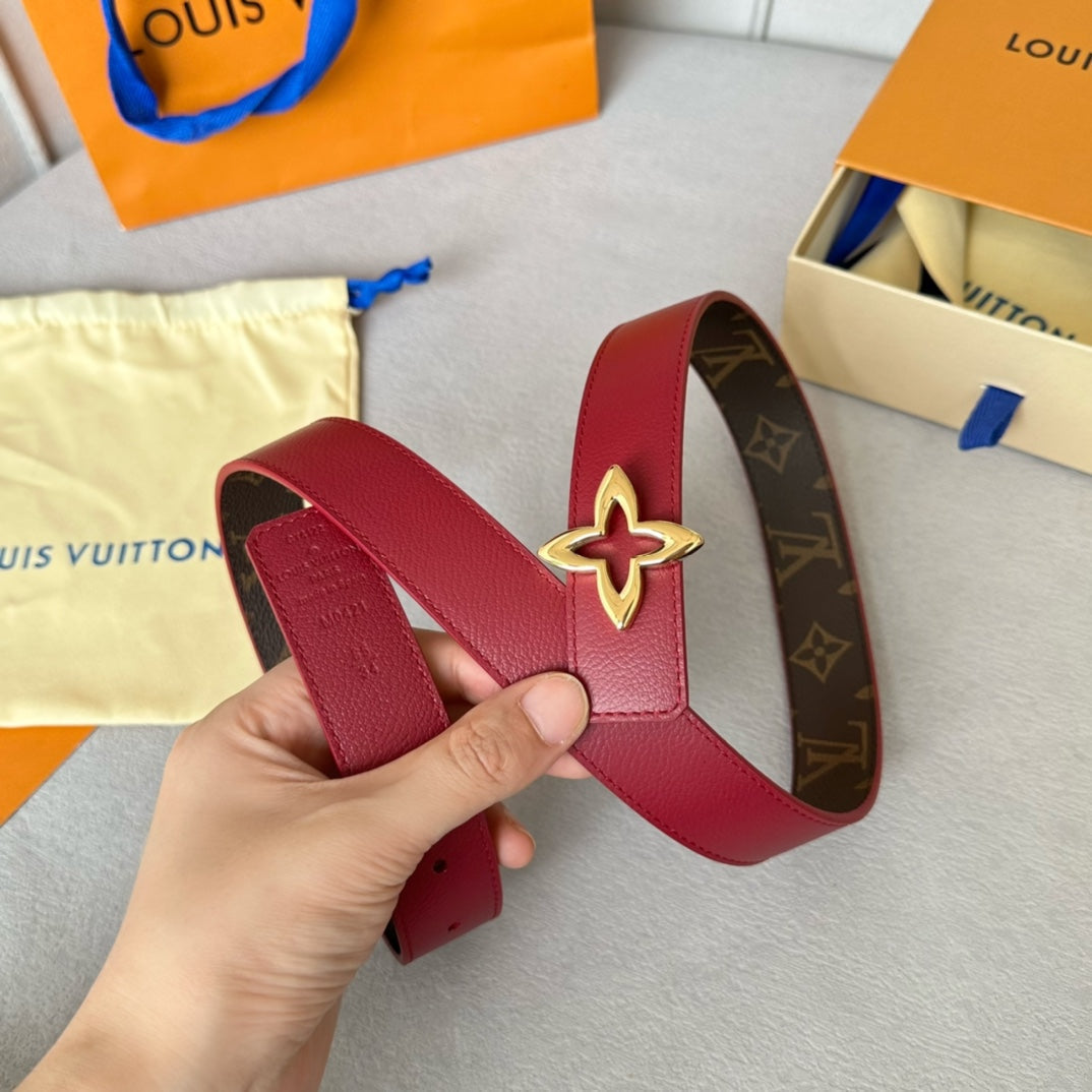 LOUIS VUITTON LV  MINI FLOWERGRAM 30MM REVERSIBLE BELT IN BLOOD RED CALFSKIN GOLD HARDWARE
