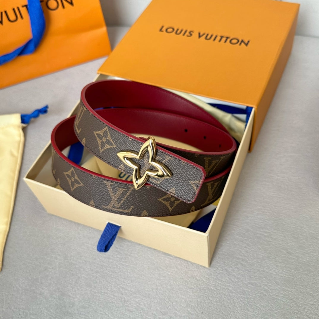 LOUIS VUITTON LV Flowergram 30mm Reversible Belt Gold Buckle Burgundy Brown Leather