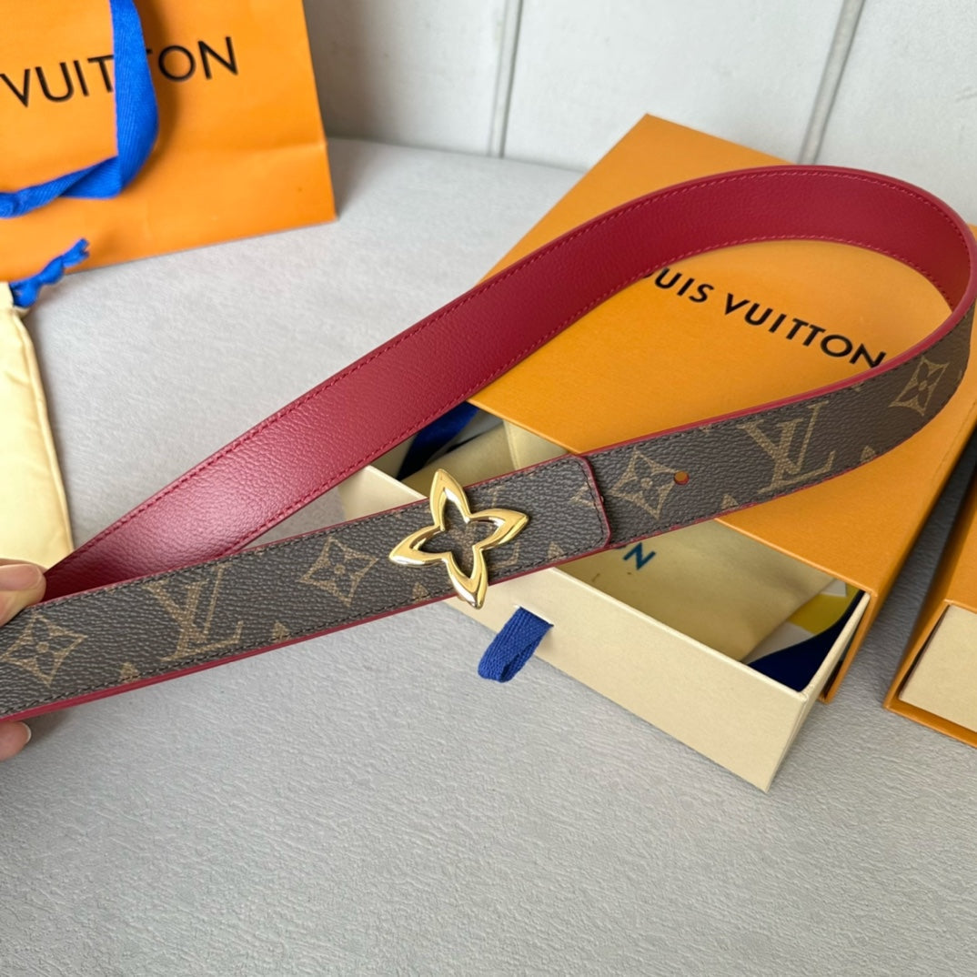 LOUIS VUITTON LV Flowergram 30mm Reversible Belt Gold Buckle Burgundy Brown Leather